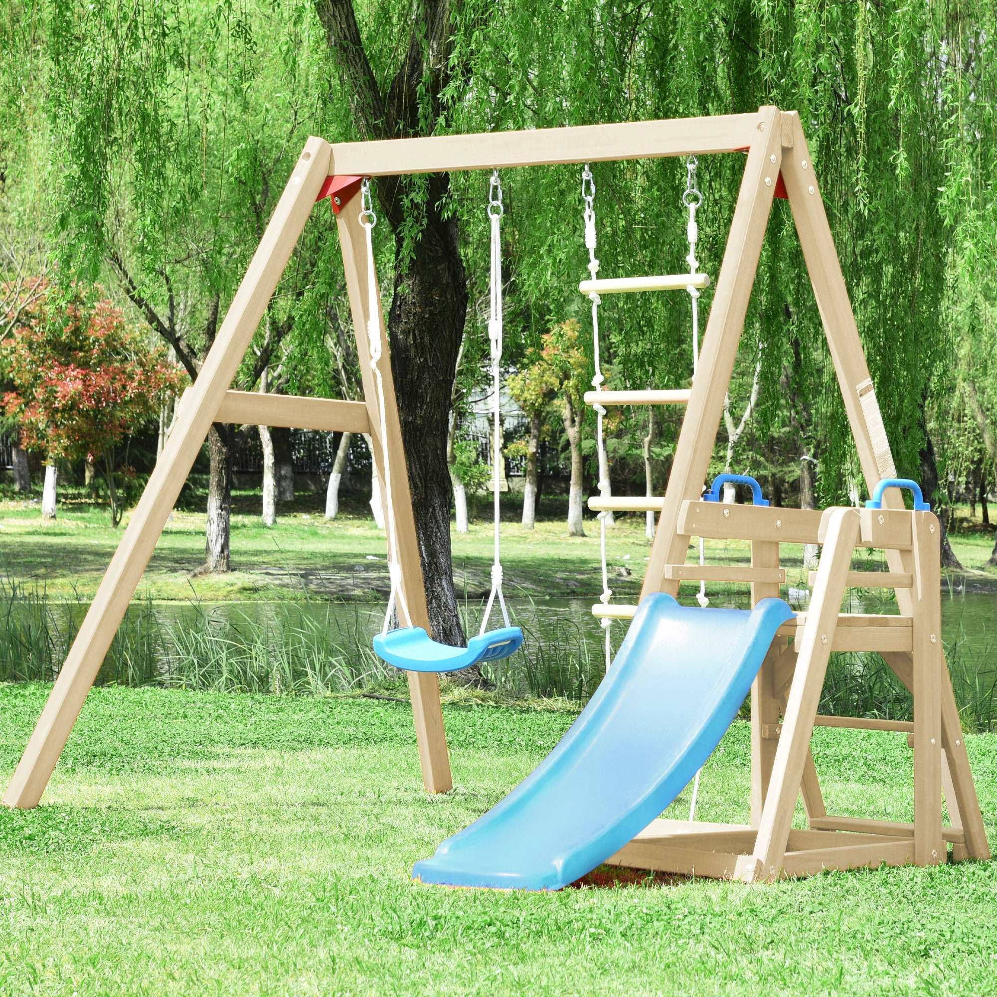 Bellemave Wooden Swing Set with Slide, Outdoor Playset Backyard Activity Playground Climb Swing Outdoor Play Structure for Toddlers
