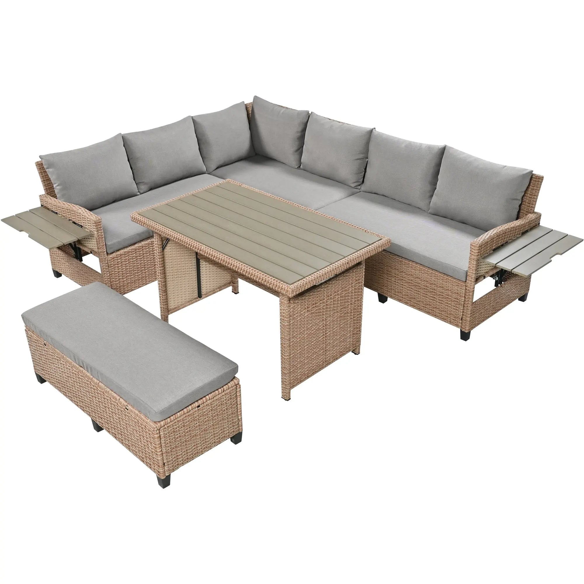 Bellemave® 5-Piece Outdoor Patio Rattan Sofa Set with 2 Extendable Side Tables, Dining Table and Washable Covers Bellemave®