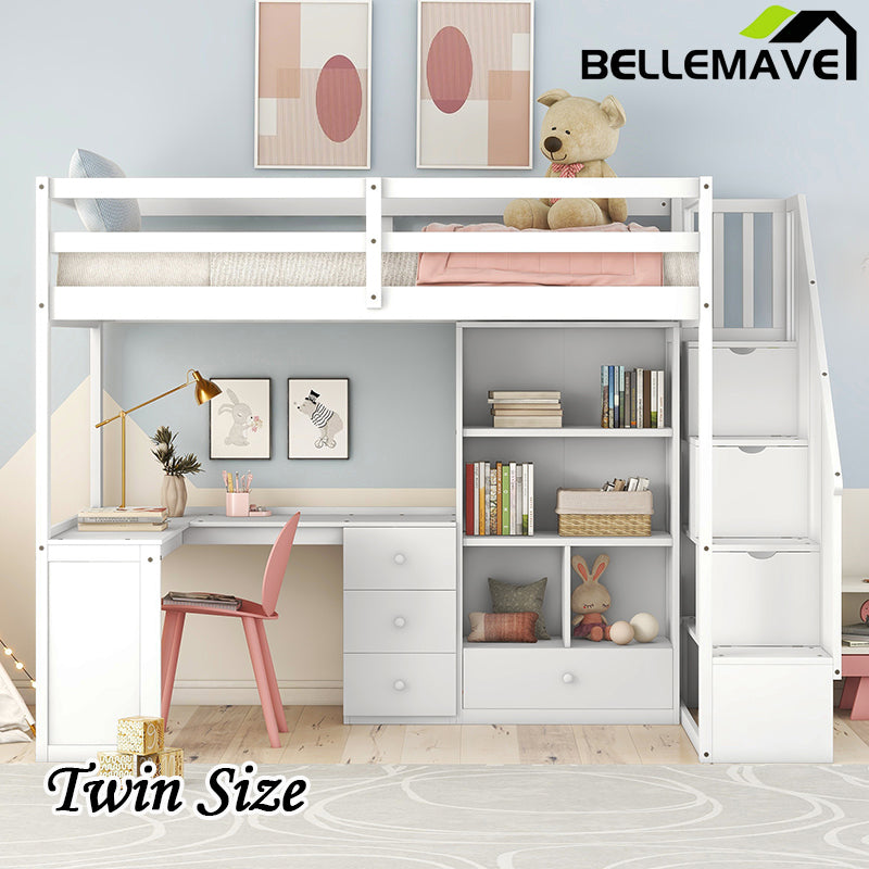 Bellemave® High Loft Bed with L-Shaped Desk and Drawers, Cabinet and Storage Staircase