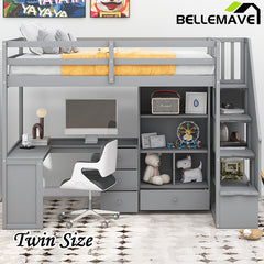 Bellemave® High Loft Bed with L-Shaped Desk and Drawers, Cabinet and Storage Staircase