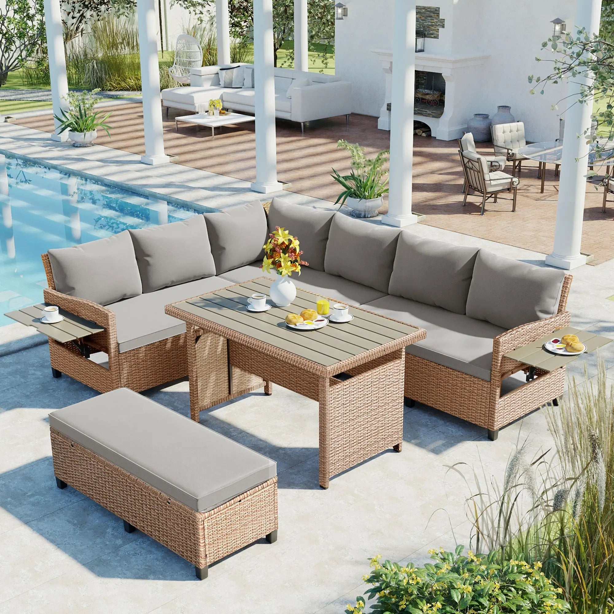 Bellemave® 5-Piece Outdoor Patio Rattan Sofa Set with 2 Extendable Side Tables, Dining Table and Washable Covers Bellemave®