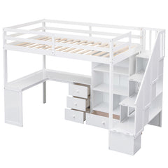 Bellemave® High Loft Bed with L-Shaped Desk and Drawers, Cabinet and Storage Staircase