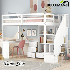 Bellemave® High Loft Bed with L-Shaped Desk and Drawers, Cabinet and Storage Staircase