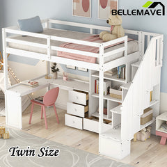 Bellemave® High Loft Bed with L-Shaped Desk and Drawers, Cabinet and Storage Staircase