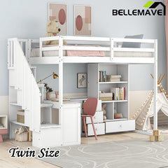 Bellemave® High Loft Bed with L-Shaped Desk and Drawers, Cabinet and Storage Staircase