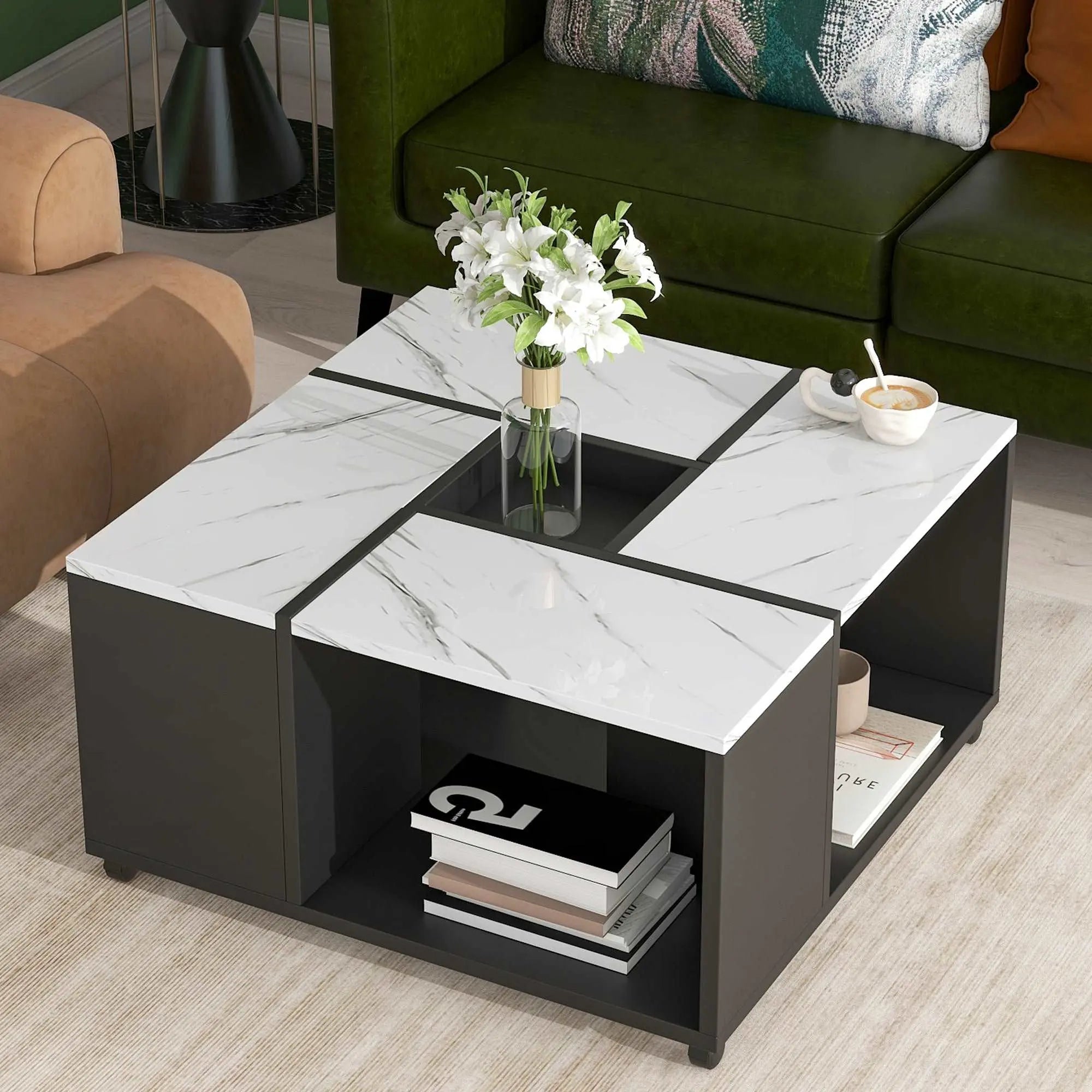 Bellemave 31.4" UV High-gloss Marble Design Center Table with Casters and Removable Tray