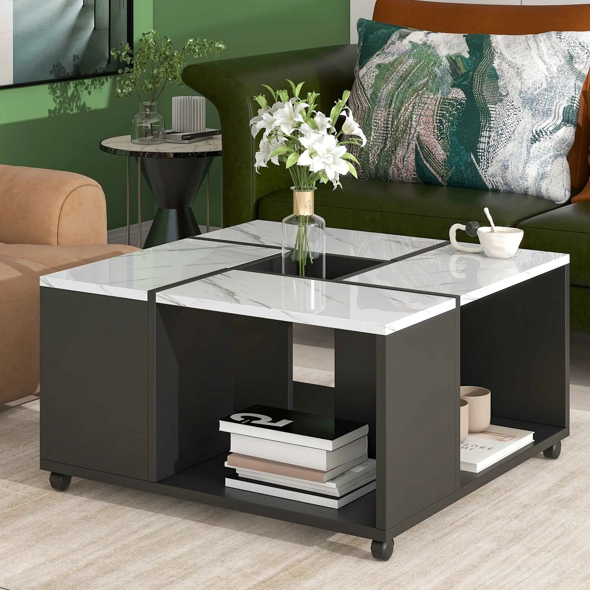 Bellemave 31.4" UV High-gloss Marble Design Center Table with Casters and Removable Tray