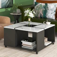 Bellemave 31.4" UV High-gloss Marble Design Center Table with Casters and Removable Tray