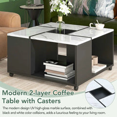 Bellemave 31.4" UV High-gloss Marble Design Center Table with Casters and Removable Tray