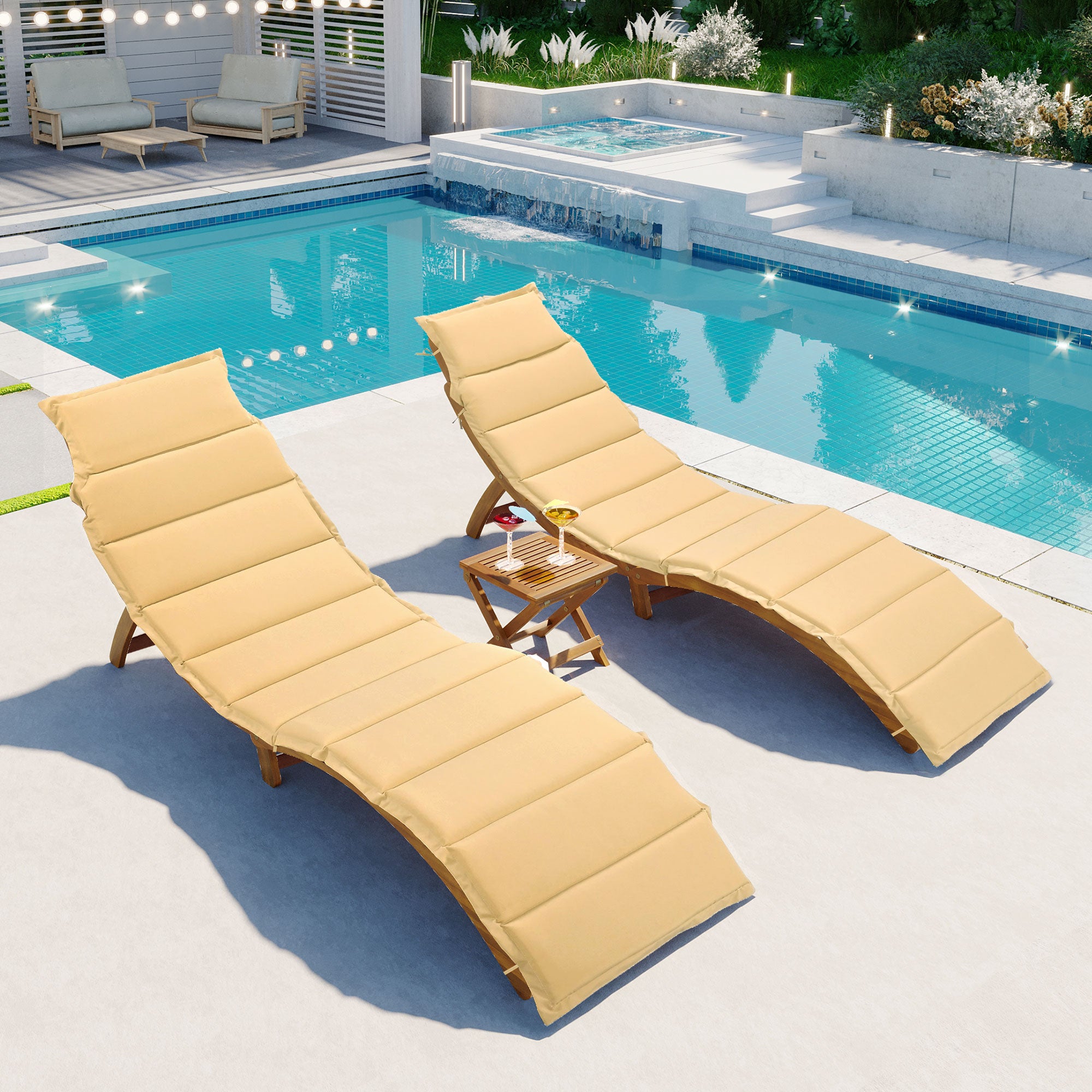 Bellemave Outdoor Patio Wood Portable Extended Chaise Lounge Set with Foldable Tea Table