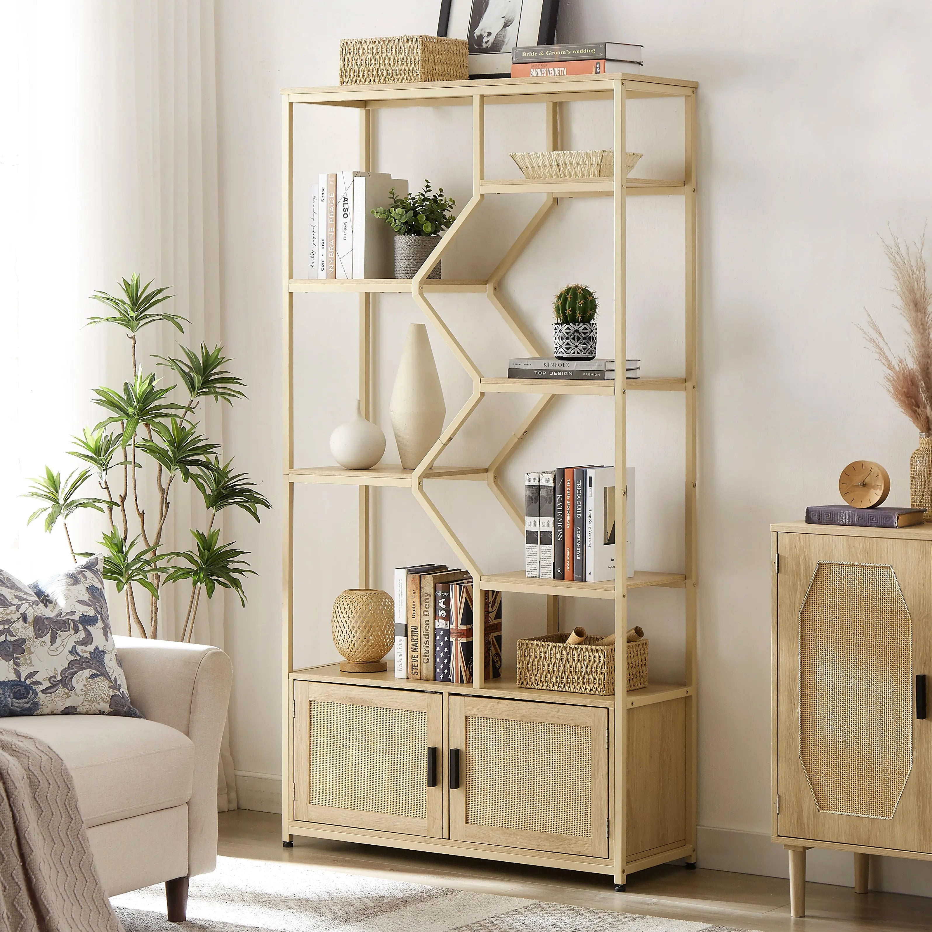 Bellemave® Rattan Bookshelf 7 Tiers Bookcases Storage Rack with Cabinet Bellemave®