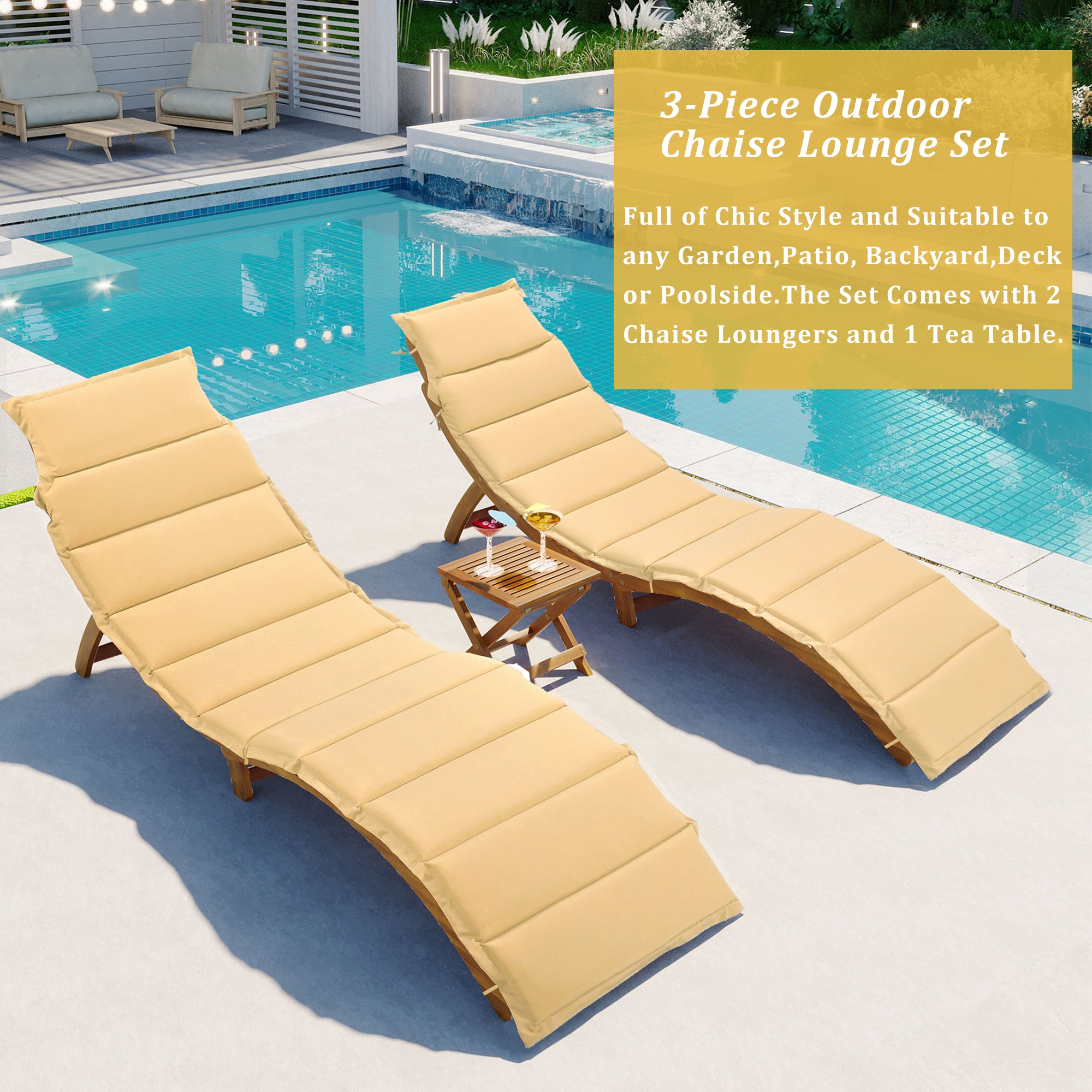 Bellemave Outdoor Patio Wood Portable Extended Chaise Lounge Set with Foldable Tea Table