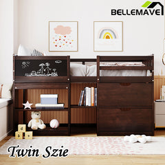 Bellemave® Twin Size Low Loft Bed with Rolling Desk, Shelf and Drawers