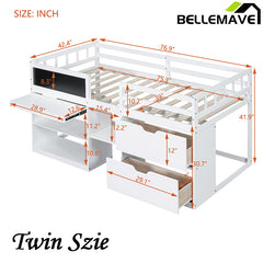 Bellemave® Twin Size Low Loft Bed with Rolling Desk, Shelf and Drawers