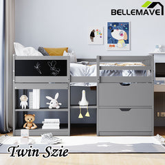 Bellemave® Twin Size Low Loft Bed with Rolling Desk, Shelf and Drawers