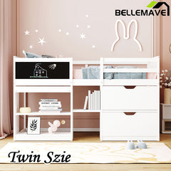 Bellemave® Twin Size Low Loft Bed with Rolling Desk, Shelf and Drawers