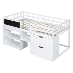 Bellemave® Twin Size Low Loft Bed with Rolling Desk, Shelf and Drawers