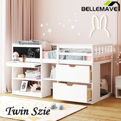 Bellemave® Twin Size Low Loft Bed with Rolling Desk, Shelf and Drawers