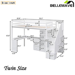 Bellemave® High Loft Bed with L-Shaped Desk and Drawers, Cabinet and Storage Staircase