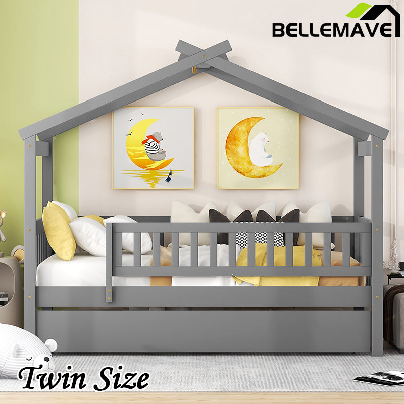 Bellemave® Wooden House Bed with Trundle Bed