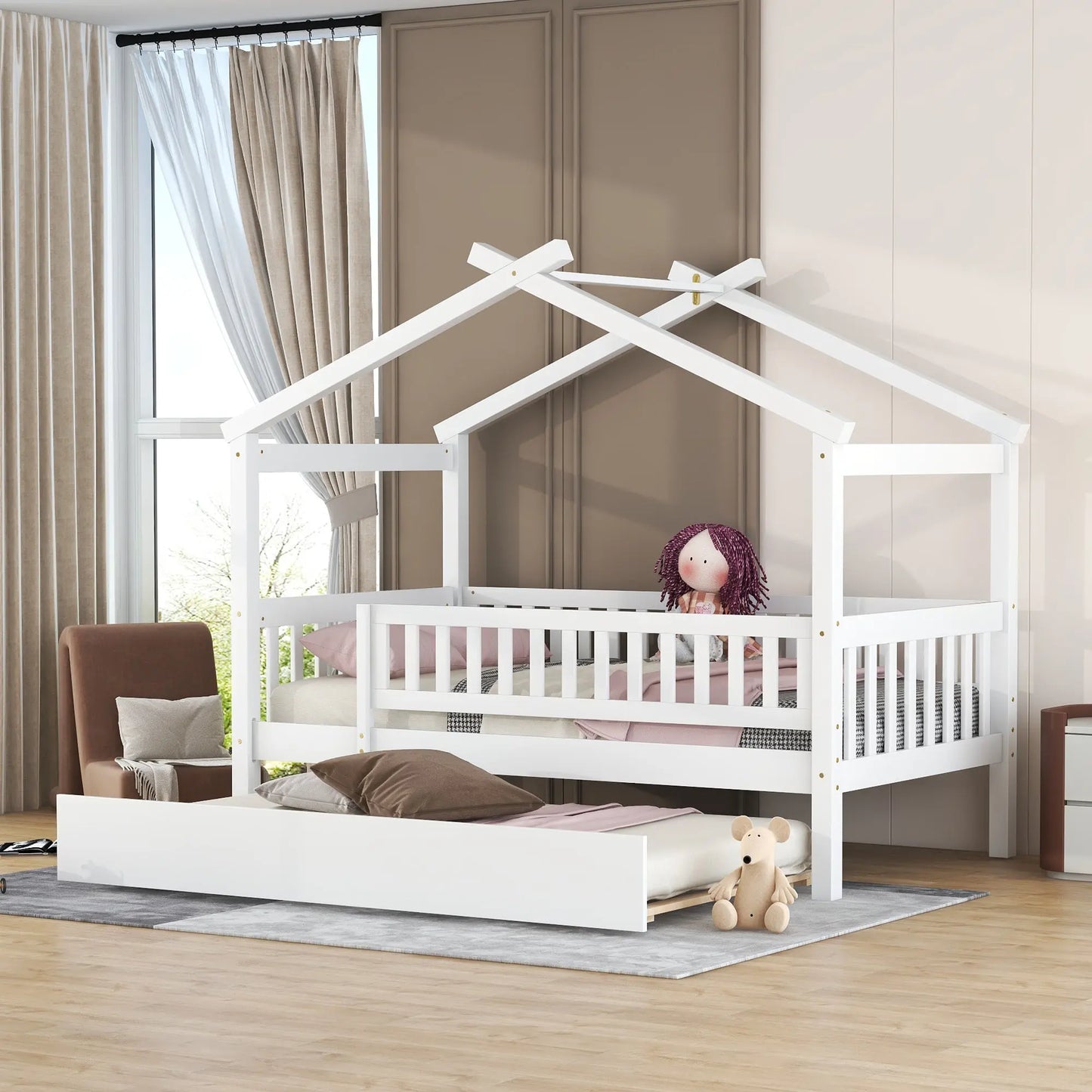 Bellemave Wooden House Bed with Twin Size Trundle