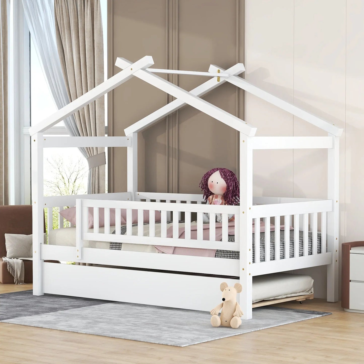 Bellemave Wooden House Bed with Twin Size Trundle