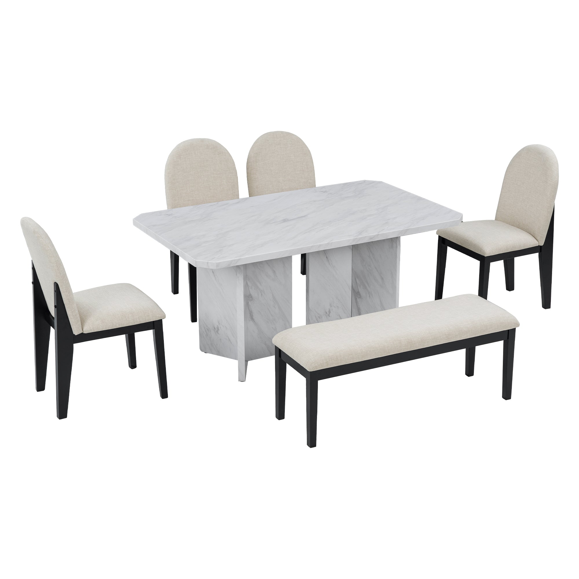 Bellemave 6-Piece Modern Style Dining Set with Faux Marble Table and 4 Upholstered Dining Chairs & 1 Bench Bellemave