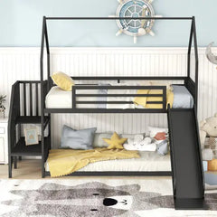 Bellemave® Twin Size Metal House Bunk Bed with Slide and Staircase