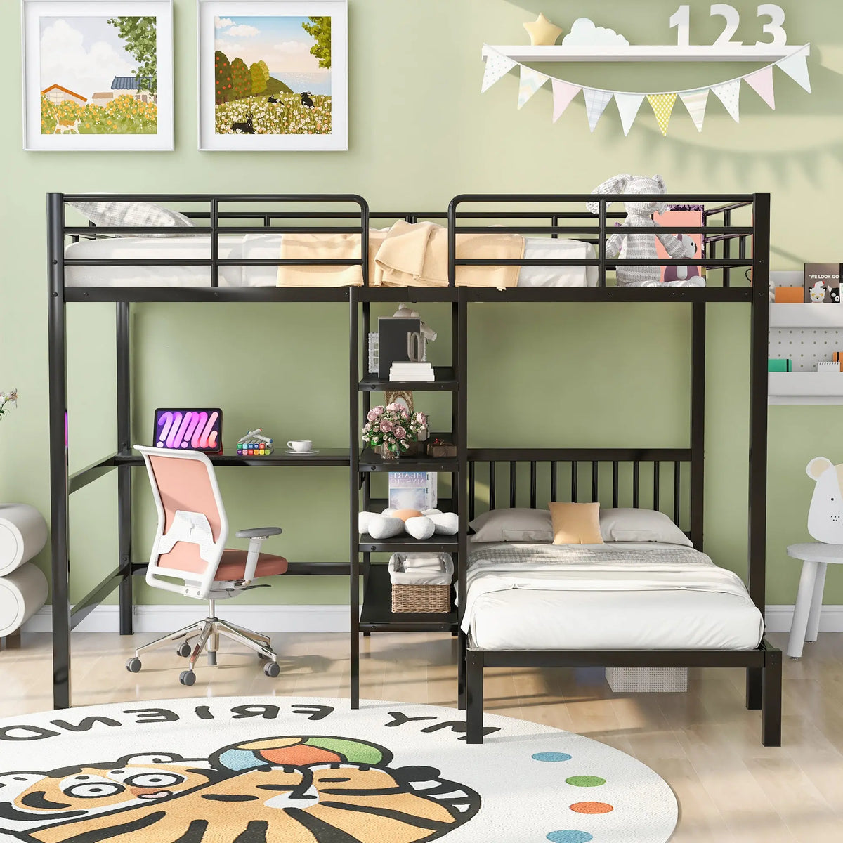 Bellemave® Full Over Twin Metal Bunk Bed with Built-in Desk, Shelves and Ladder Bellemave®