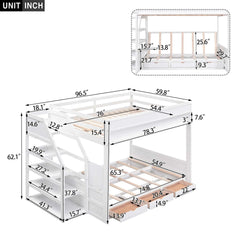 Bellemave Full Size Wood Convertible Bunk Bed with Storage Staircase, Bedside Table and 3 Drawers