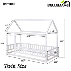 Bellemave® Montessori Wooden House Bed with Fence