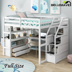Bellemave® Loft Bed with Desk and Shelves, Two Built-in Drawers, Storage Staircase