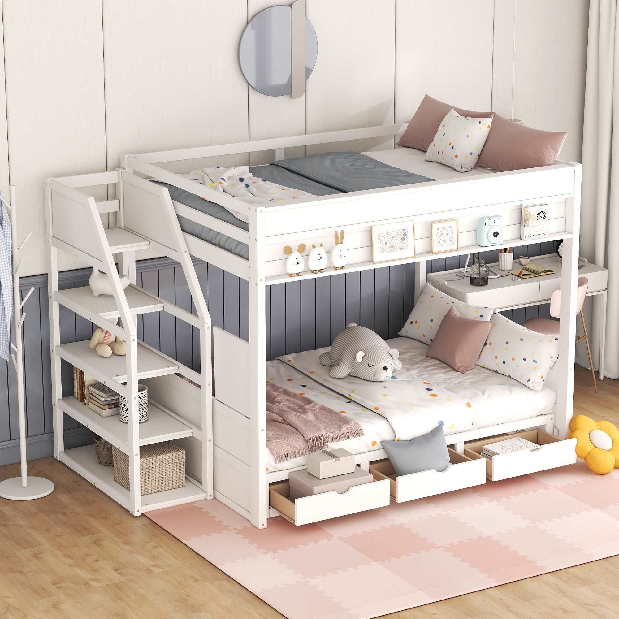 Bellemave Full Size Wood Convertible Bunk Bed with Storage Staircase, Bedside Table and 3 Drawers