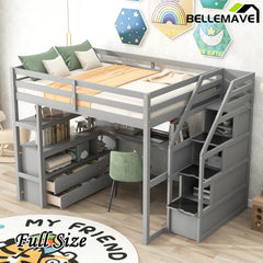 Bellemave® Loft Bed with Desk and Shelves, Two Built-in Drawers, Storage Staircase