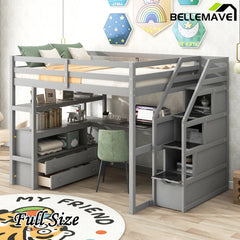 Bellemave® Loft Bed with Desk and Shelves, Two Built-in Drawers, Storage Staircase
