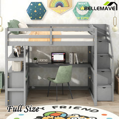 Bellemave® Loft Bed with Desk and Shelves, Two Built-in Drawers, Storage Staircase