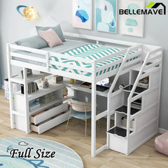 Bellemave® Loft Bed with Desk and Shelves, Two Built-in Drawers, Storage Staircase