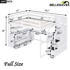 Bellemave® Loft Bed with Desk and Shelves, Two Built-in Drawers, Storage Staircase