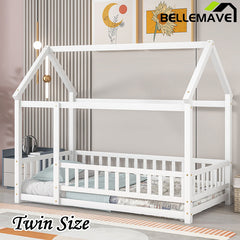 Bellemave® Montessori Wooden House Bed with Fence