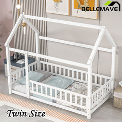 Bellemave® Montessori Wooden House Bed with Fence