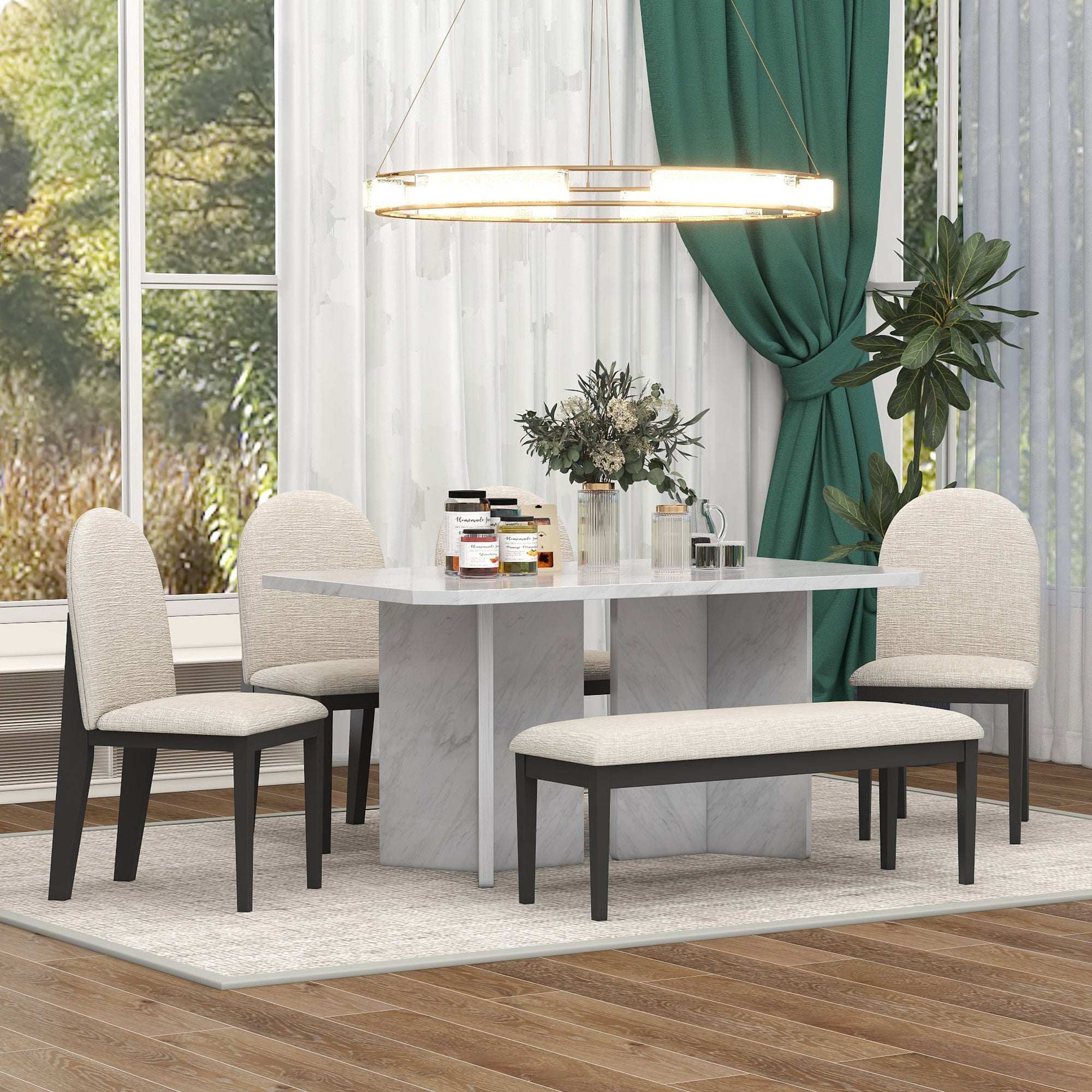 Bellemave 6-Piece Modern Style Dining Set with Faux Marble Table and 4 Upholstered Dining Chairs & 1 Bench Bellemave