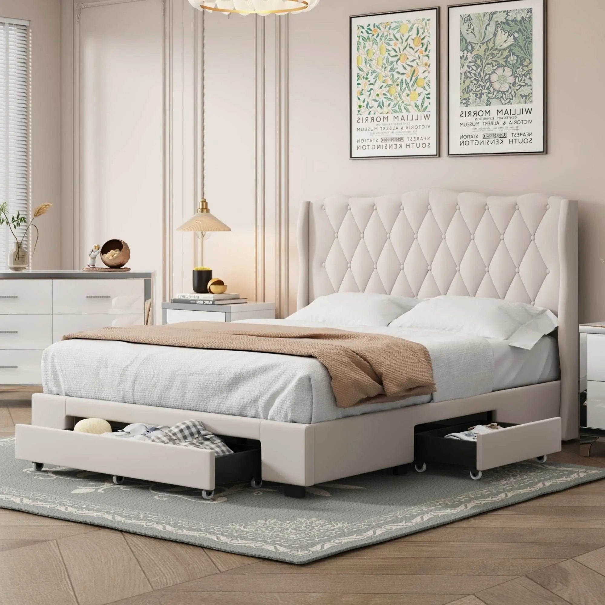 Bellemave Queen Size Upholstered Platform Bed with Tufted Headboard and 3 Drawers