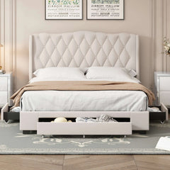 Bellemave Queen Size Upholstered Platform Bed with Tufted Headboard and 3 Drawers