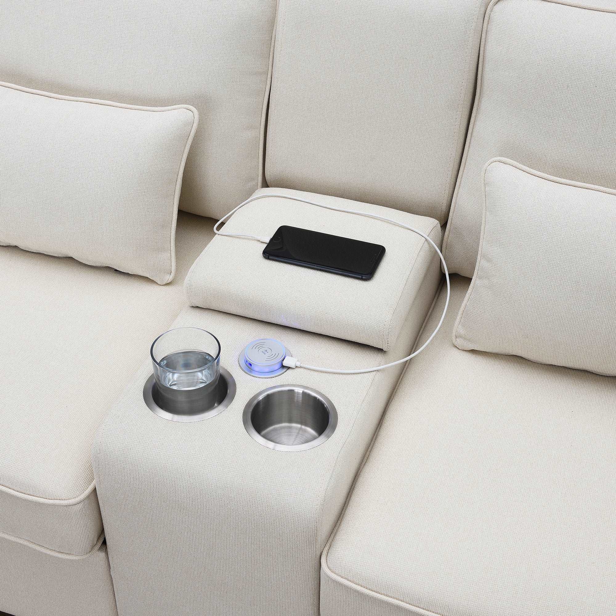 Bellemave 114.2" Upholstered Sofa with Console and 2 Cupholders,2 USB Ports and 4 Pillows