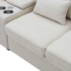 Bellemave 114.2" Upholstered Sofa with Console and 2 Cupholders,2 USB Ports and 4 Pillows