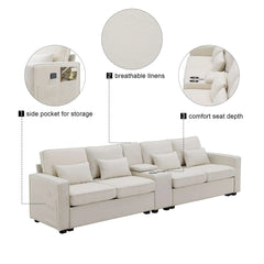 Bellemave 114.2" Upholstered Sofa with Console and 2 Cupholders,2 USB Ports and 4 Pillows