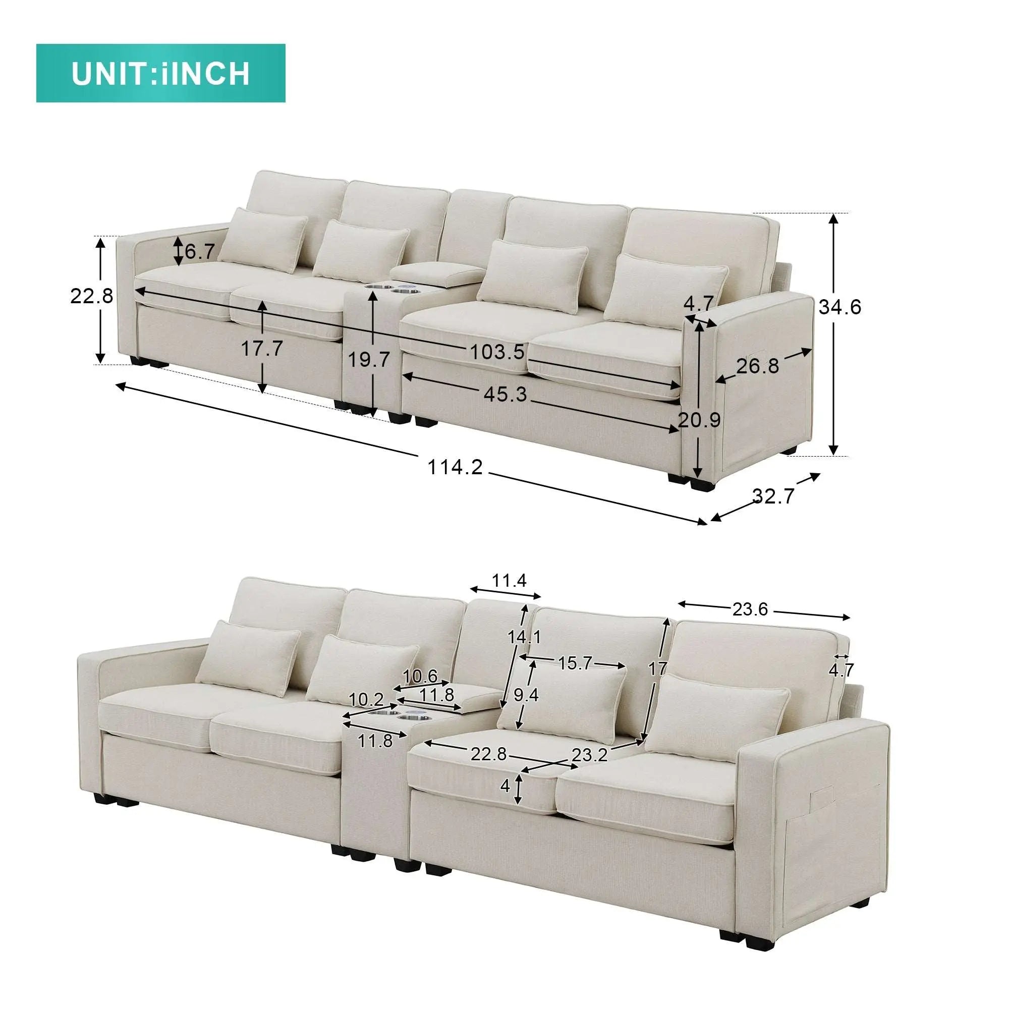 Bellemave 114.2" Upholstered Sofa with Console and 2 Cupholders,2 USB Ports and 4 Pillows