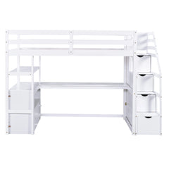 Bellemave® Loft Bed with Desk and Shelves, Two Built-in Drawers, Storage Staircase