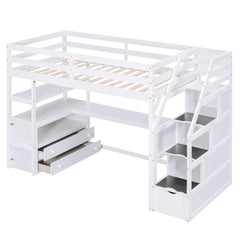 Bellemave® Loft Bed with Desk and Shelves, Two Built-in Drawers, Storage Staircase