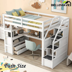 Bellemave® Loft Bed with Desk and Shelves, Two Built-in Drawers, Storage Staircase